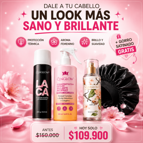 Combo capilar Qinglow con protector térmico, perfume capilar y laca antifrizz para cabello brillante y suave